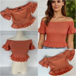 UO Ribbed Knit Off-The-Shoulder Ruffle‎ Top